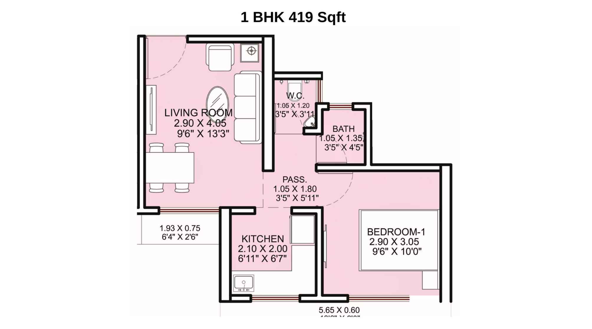 Haware-Shilphata-Floor-Plan-Tower-3-Wing-A-1-BHK-419-Sqft