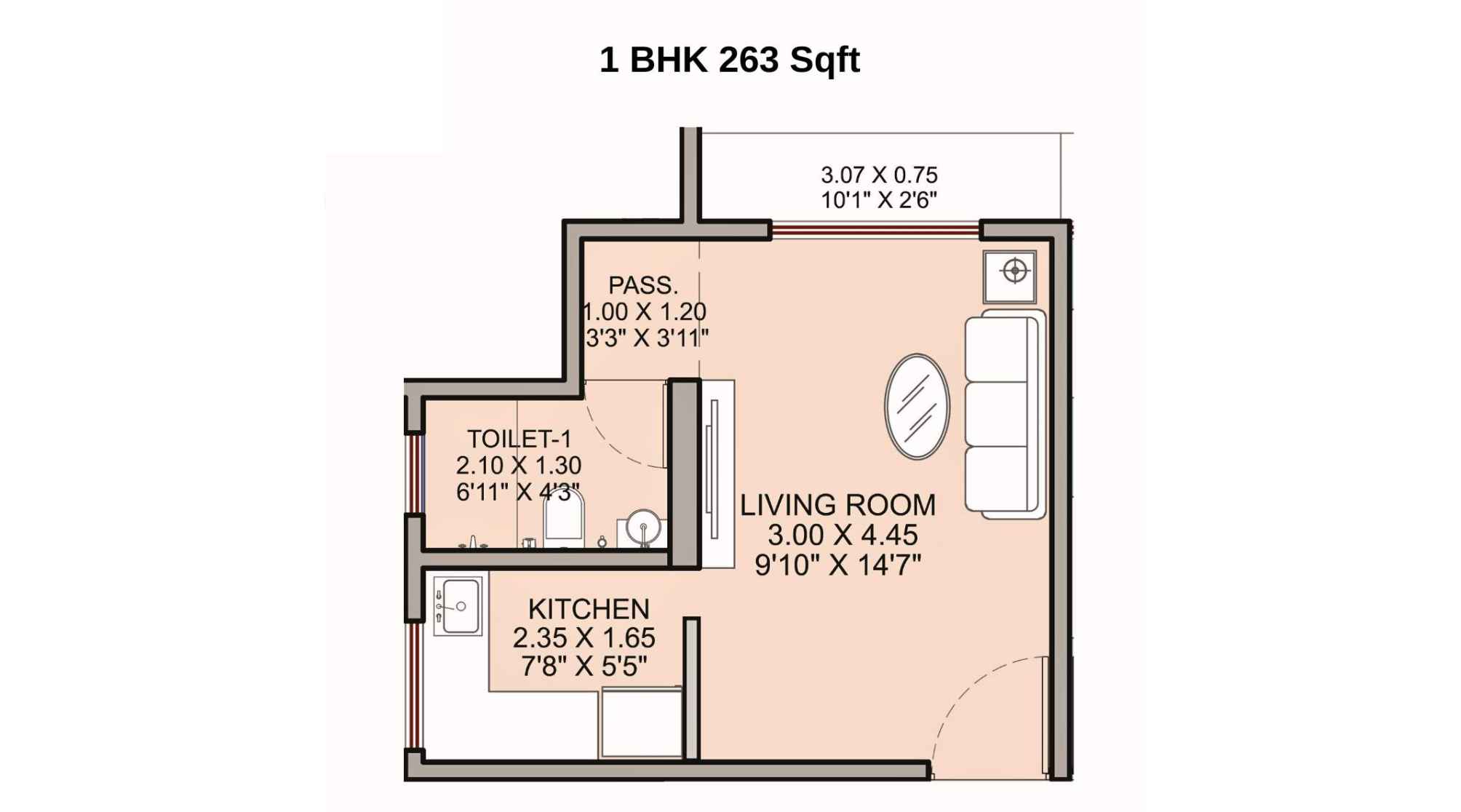 Haware-Shilphata-Floor-Plan-Tower-3-Wing-B-1-BHK-263-Sqft