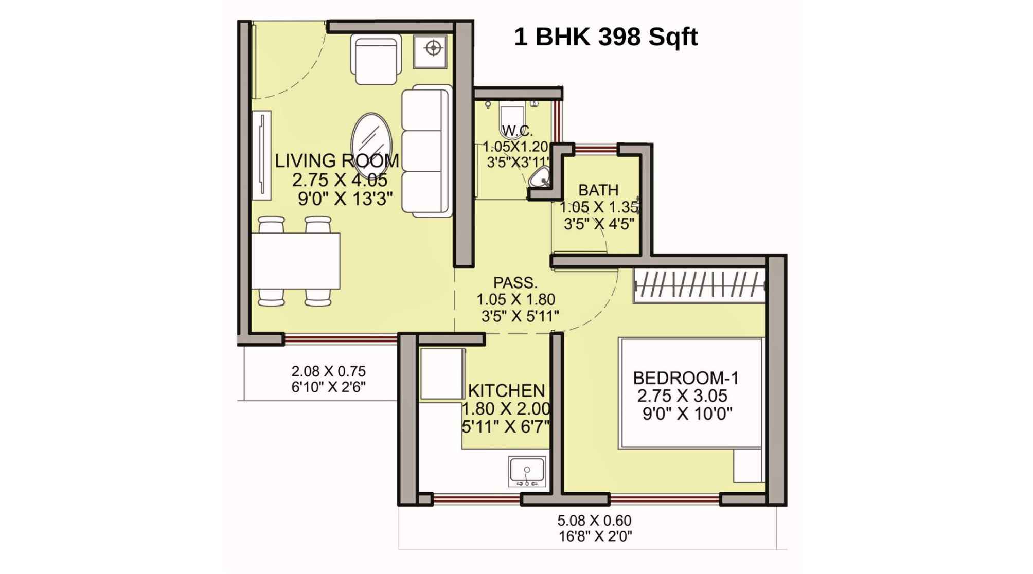Haware-Shilphata-Floor-Plan-Tower-3-Wing-B-1-BHK-398-Sqft
