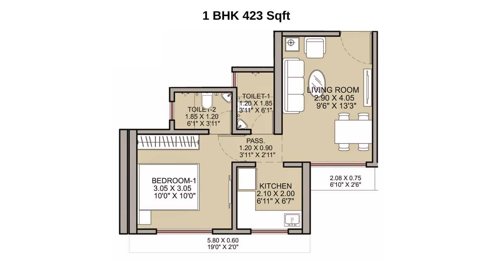 Haware-Shilphata-Floor-Plan-Tower-3-Wing-B-1-BHK-423-Sqft