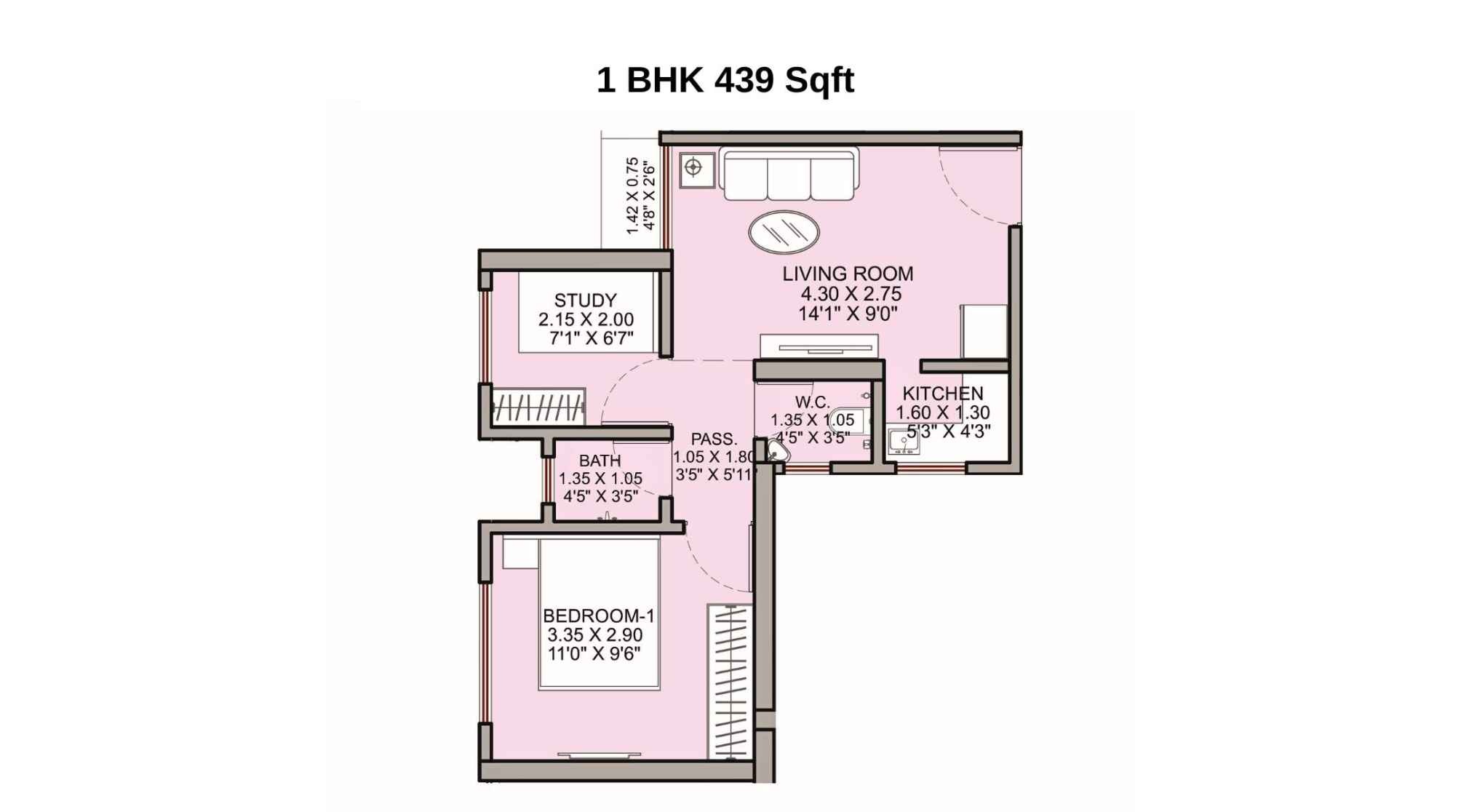 Haware-Shilphata-Floor-Plan-Tower-3-Wing-B-1-BHK-439-Sqft