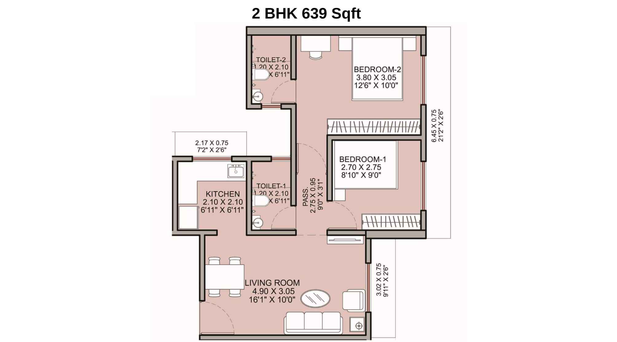 Haware-Shilphata-Floor-Plan-Tower-3-Wing-B-2-BHK-639-Sqft